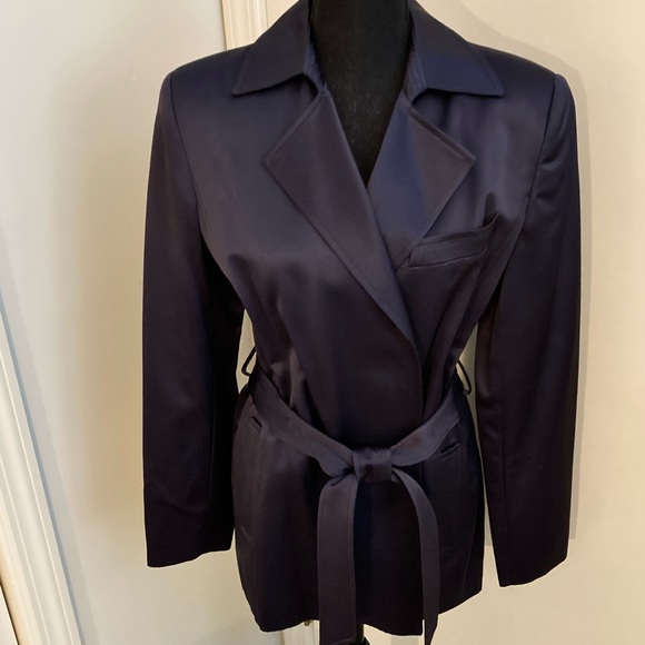 Vintage Burberry of London Navy Blue Satin Finish Belted Wrap Blazer size 4 - Picture 1 of 6